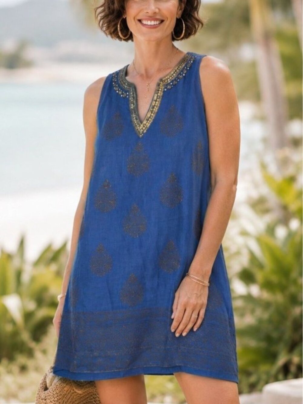SOFT SURROUNDINGS Blue Gold 100% Linen Beaded Shift Dress SMALL Beach Bohochic